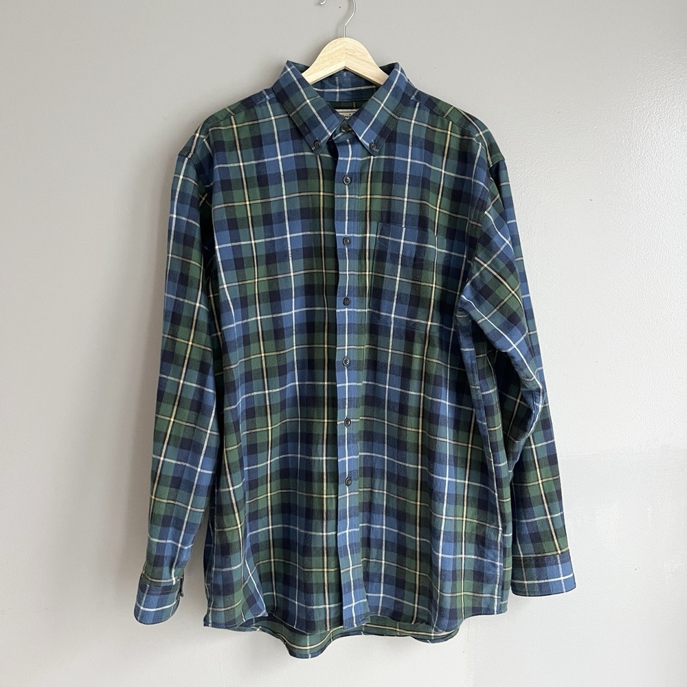 LL Bean Scotch Plaid Flannel Shirt Mens Blue Green Yellow Button Down Large
